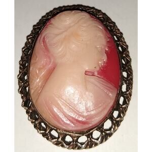 Cameo White Burgundy Background  Gold Tone Brooch 2" Vintage